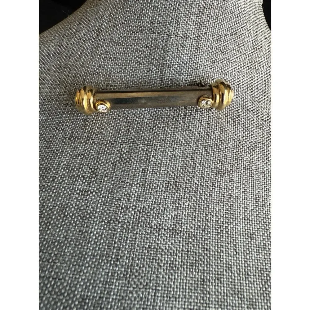 Jesera Bar Pin Brooch Vintage Silver Gold Tone Faux Pearl Crystal Classic 90s